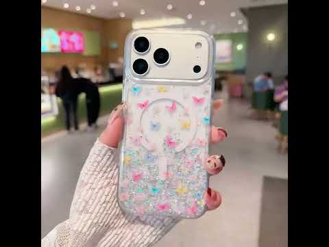 For iPhone 17 Magnetic Case Glitter Epoxy Clear TPU Shockproof Phone Cover Compatible with MagSafe - Tulip