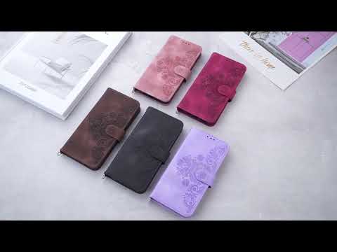 For iPhone 8 / 7 / SE (2020) / SE (2022) Imprinted Flowers Pattern Skin-touch Leather Shell Case Stand Wallet Cover with Wrist Strap and Shoulder Strap - Light Purple