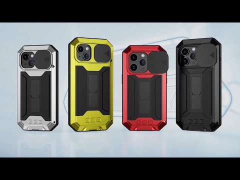 R-JUST For iPhone 15 Pro Max Slide Camera Guard Silicone+Metal+Plastic Kickstand Case Tempered Glass Screen Film Phone Cover - Yellow