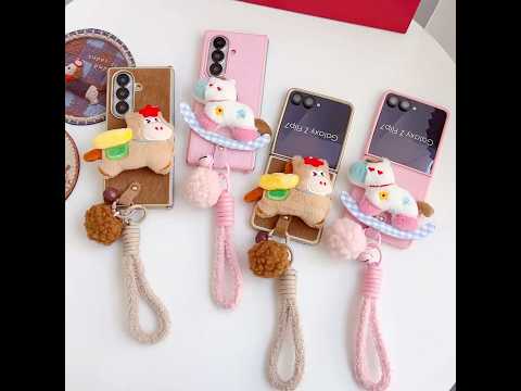 For Samsung Galaxy Z Fold7 5G Case Plush Animal TPU PC Phone Cover with Wrist Strap and Pom-pom Bell - Pink