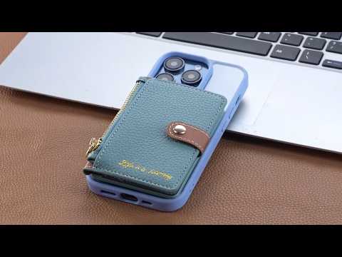 PU Leather Phone Card Bag Adhesive Kickstand Zipper Card Holder - Khaki