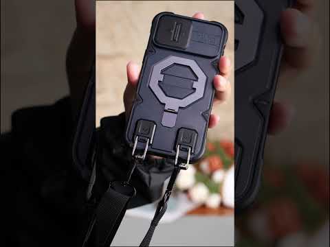 For iPhone 15 Case Compatible with MagSafe PC+TPU Kickstand Phone Cover with Lanyard - Black
