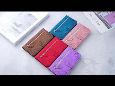 For iPhone 16 Zipper Wallet Case with Strap Flower Imprint PU Leather Phone Cover - Pink